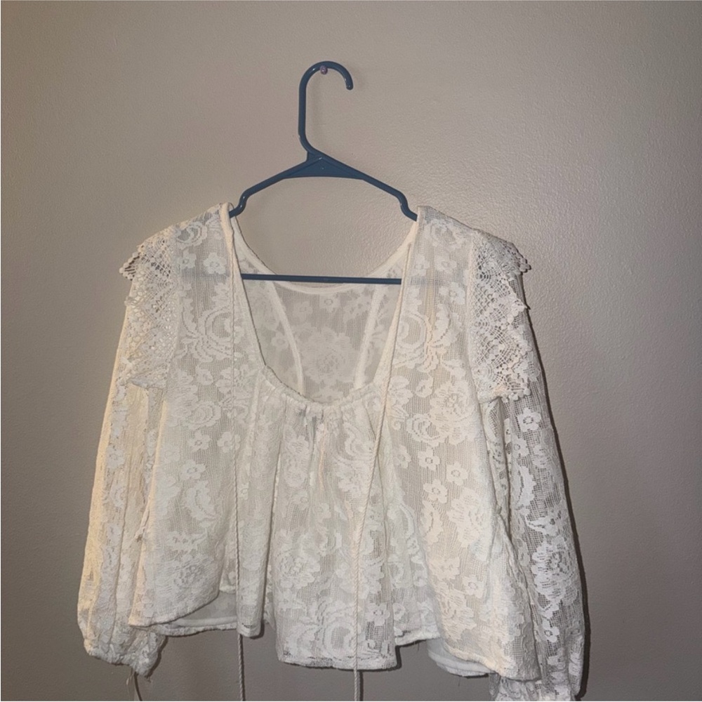 Aqua Ivory Lace V-Neck Peplum Top Size 0 Like New Sheer Sleeve Blouse - Picture 4 of 4